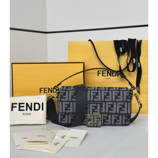 Mirror Quality Replica Fendi Baguette FF Jacquard Fabric Bag with Denim Effect in Blue Clone