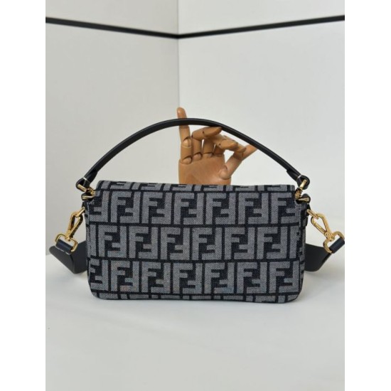 Mirror Quality Replica Fendi Baguette FF Jacquard Fabric Bag with Denim Effect in Blue Clone