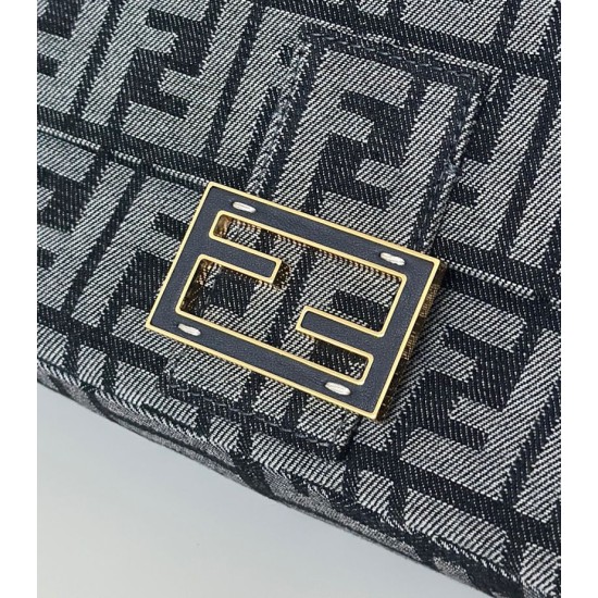 Mirror Quality Replica Fendi Baguette FF Jacquard Fabric Bag with Denim Effect in Blue Clone