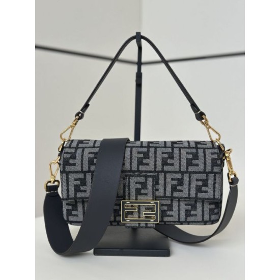 Mirror Quality Replica Fendi Baguette FF Jacquard Fabric Bag with Denim Effect in Blue Clone