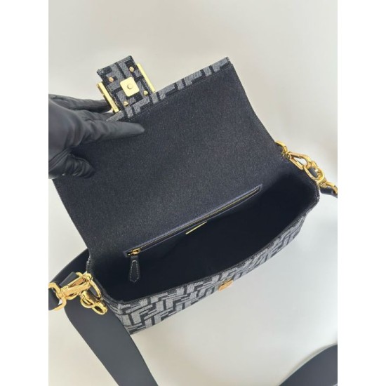 Mirror Quality Replica Fendi Baguette FF Jacquard Fabric Bag with Denim Effect in Blue Clone