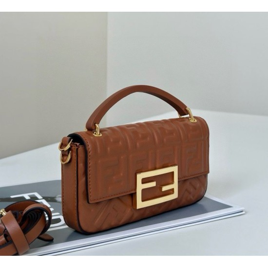 Mirror Quality Replica Fendi Baguette Top Handle Bag with Embossed FF Logo in Brown Clone