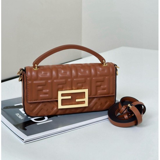 Mirror Quality Replica Fendi Baguette Top Handle Bag with Embossed FF Logo in Brown Clone