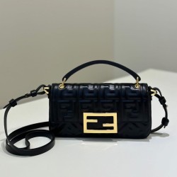Mirror Quality Replica Fendi Baguette Top Handle Bag with Embossed FF Logo Black Clone