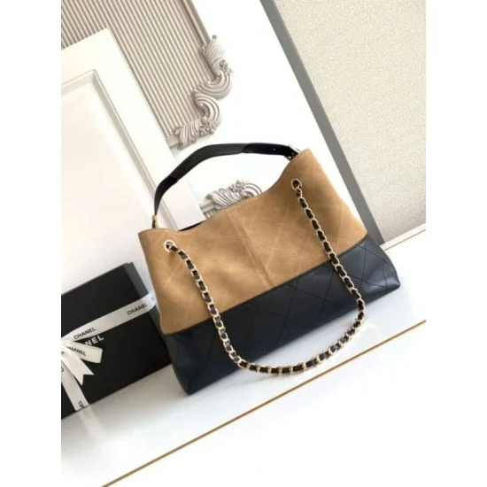 Mirror Quality Replica Chanel 25A Small Hobo Style Shopping Bag AS5634 Suede/Lambskin Brown/Black Clone