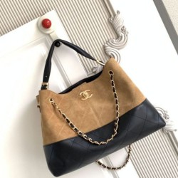 Mirror Quality Replica Chanel 25A Small Hobo Style Shopping Bag AS5634 Suede/Lambskin Brown/Black Clone