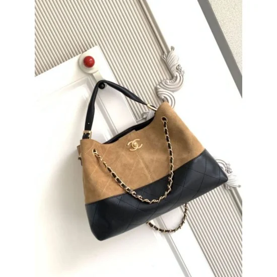 Mirror Quality Replica Chanel 25A Small Hobo Style Shopping Bag AS5634 Suede/Lambskin Brown/Black Clone