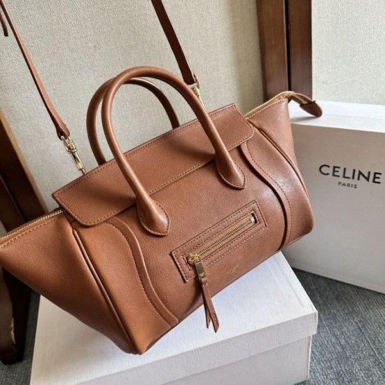 Mirror Quality Replica Celine Luggage Medium Soft Shiny Lambskin Shoulder Tote Brown Clone