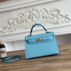 Mirror Quality Replica Hermes Mini Kelly II Sellier Epsom Bag Light Blue Clone