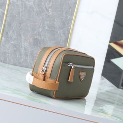 Mirror Quality Replica Prada Nylon/Saffiano Leather Travel Pouch Olive Clone