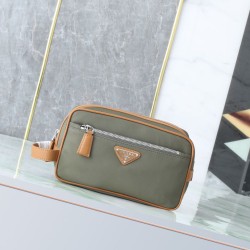 Mirror Quality Replica Prada Nylon/Saffiano Leather Travel Pouch Olive Clone