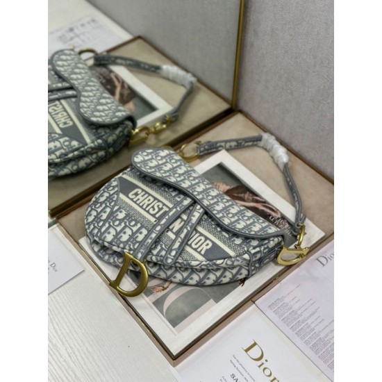 Mirror Quality Replica Dior Saddle Oblique Embroidered Shoulder Bag Gray Clone