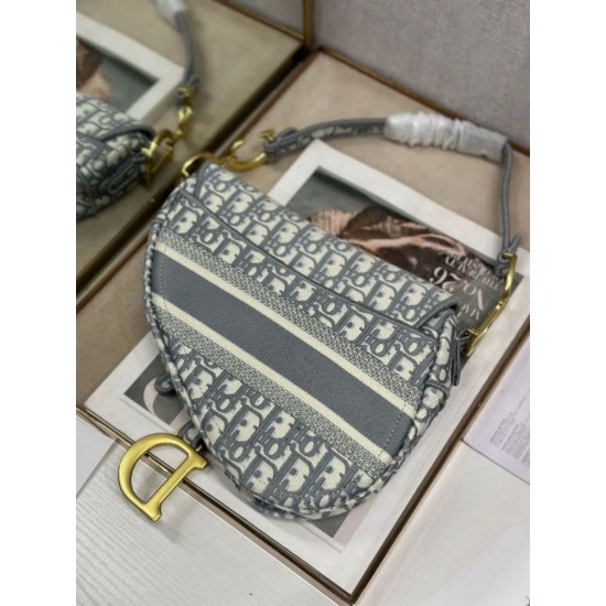 Mirror Quality Replica Dior Saddle Oblique Embroidered Shoulder Bag Gray Clone