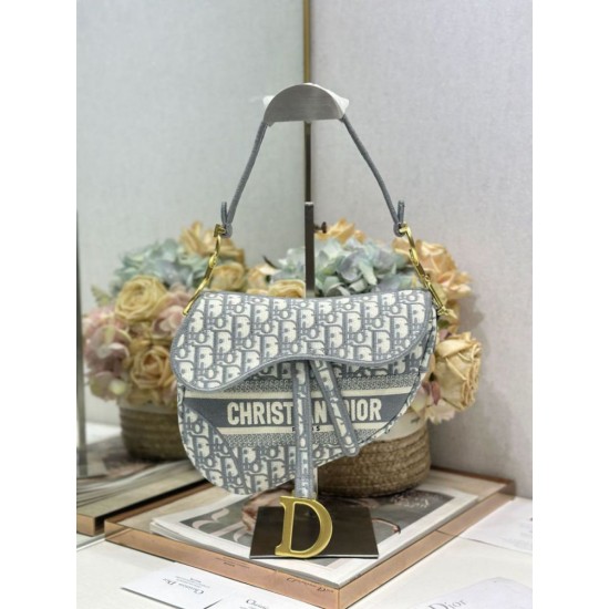 Mirror Quality Replica Dior Saddle Oblique Embroidered Shoulder Bag Gray Clone