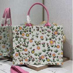 Mirror Quality Replica Dior Multicolored Book Tote Bag with Daisy Garden Embroidery and Pink Handle Clone