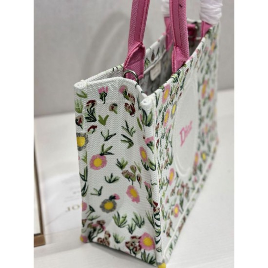 Mirror Quality Replica Dior Multicolored Book Tote Bag with Daisy Garden Embroidery and Pink Handle Clone
