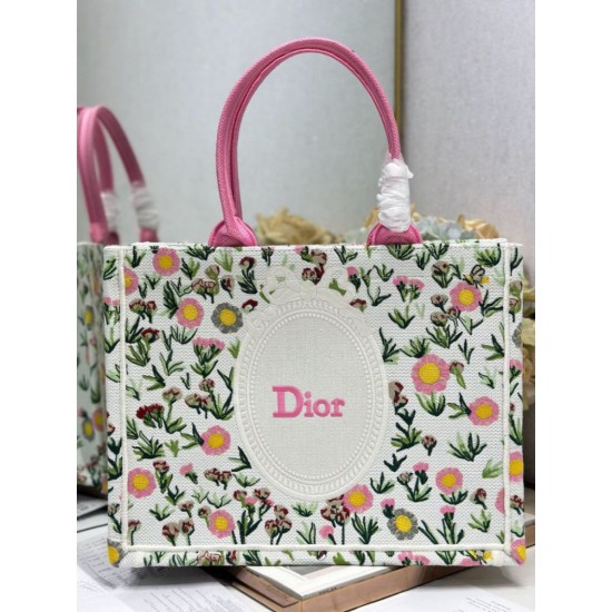Mirror Quality Replica Dior Multicolored Book Tote Bag with Daisy Garden Embroidery and Pink Handle Clone