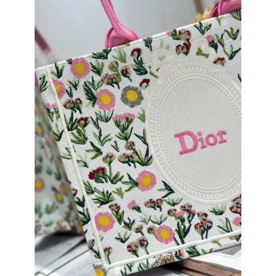 Mirror Quality Replica Dior Multicolored Book Tote Bag with Daisy Garden Embroidery and Pink Handle Clone
