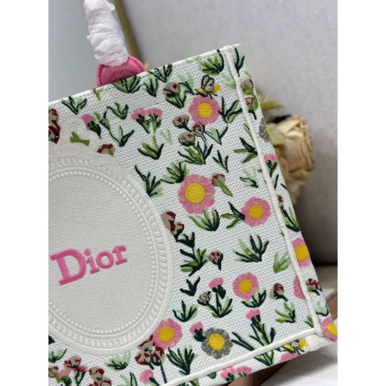 Mirror Quality Replica Dior Multicolored Book Tote Bag with Daisy Garden Embroidery and Pink Handle Clone