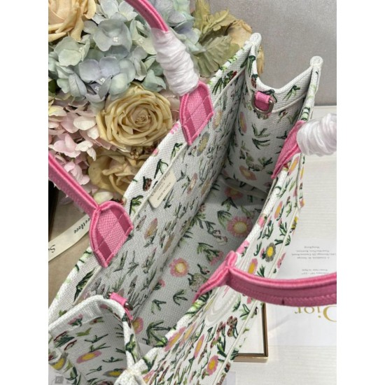 Mirror Quality Replica Dior Multicolored Book Tote Bag with Daisy Garden Embroidery and Pink Handle Clone