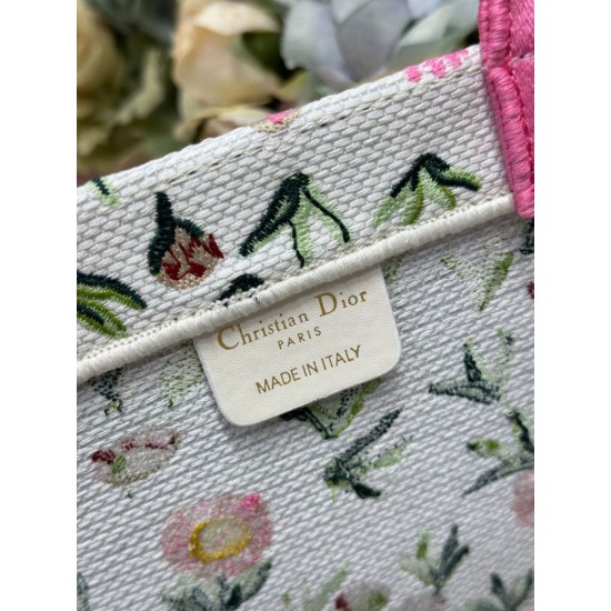 Mirror Quality Replica Dior Multicolored Book Tote Bag with Daisy Garden Embroidery and Pink Handle Clone