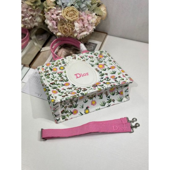 Mirror Quality Replica Dior Multicolored Book Tote Bag with Daisy Garden Embroidery and Pink Handle Clone