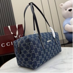 Mirror Quality Replica Gucci Medium Melrose Boston Bag Dark Blue Denim GG Clone