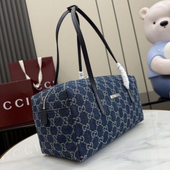 Mirror Quality Replica Gucci Medium Melrose Boston Bag Dark Blue Denim GG Clone