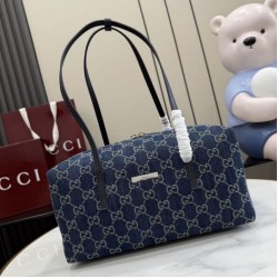 Mirror Quality Replica Gucci Medium Melrose Boston Bag Dark Blue Denim GG Clone