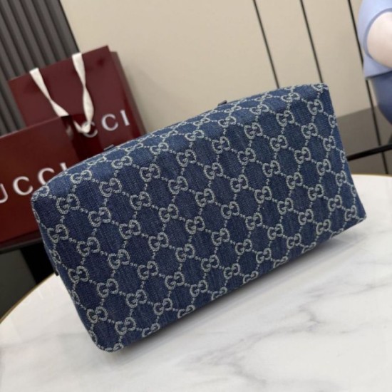 Mirror Quality Replica Gucci Medium Melrose Boston Bag Dark Blue Denim GG Clone