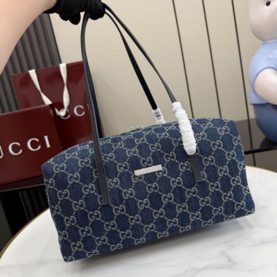 Mirror Quality Replica Gucci Medium Melrose Boston Bag Dark Blue Denim GG Clone
