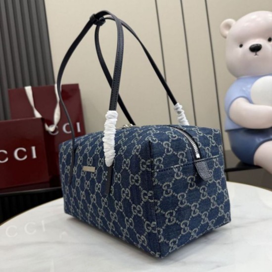 Mirror Quality Replica Gucci Medium Melrose Boston Bag Dark Blue Denim GG Clone