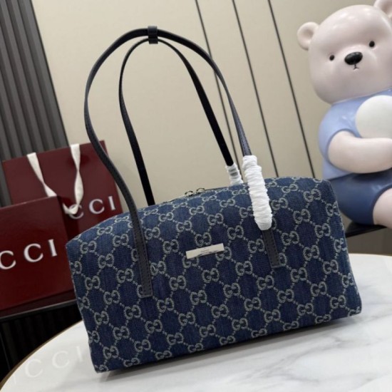 Mirror Quality Replica Gucci Medium Melrose Boston Bag Dark Blue Denim GG Clone