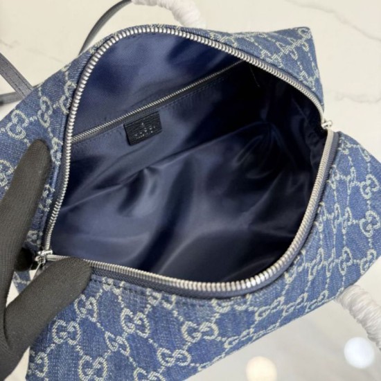 Mirror Quality Replica Gucci Medium Melrose Boston Bag Dark Blue Denim GG Clone