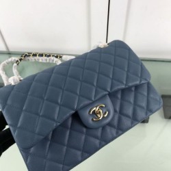 Fake Large Classic Handbag Grained Calfskin &amp; Gold-Tone Metal A56800 Blue Replica