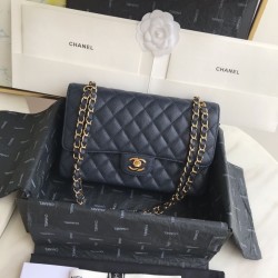 Fake Classic Grained Calfskin Flap Bag A1112 Dark Blue Replica