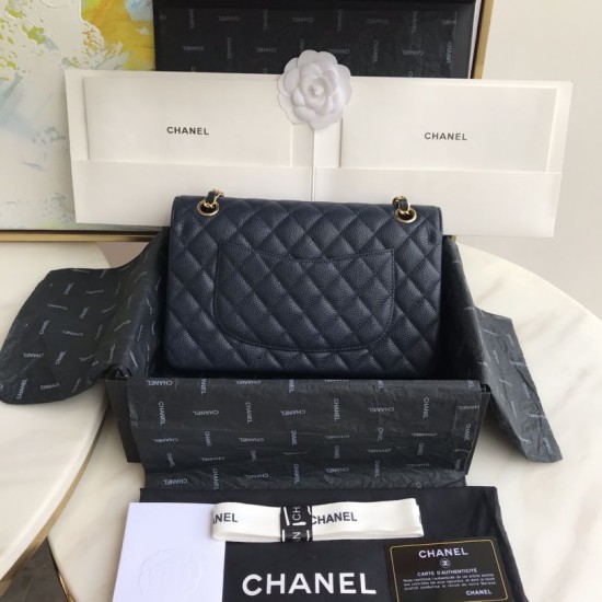 Fake Classic Grained Calfskin Flap Bag A1112 Dark Blue Replica