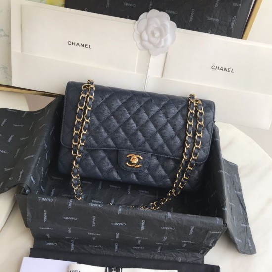 Fake Classic Grained Calfskin Flap Bag A1112 Dark Blue Replica