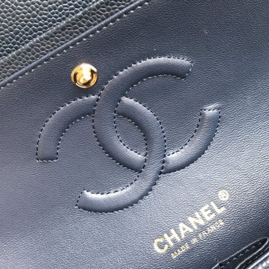 Fake Classic Grained Calfskin Flap Bag A1112 Dark Blue Replica