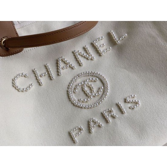 Fake Pearl Logo Deauville Shopping Tote Bag A66941 Beige Replica Fake Pearl Logo Deauville Shopping Tote Bag A66941 Beige Replica