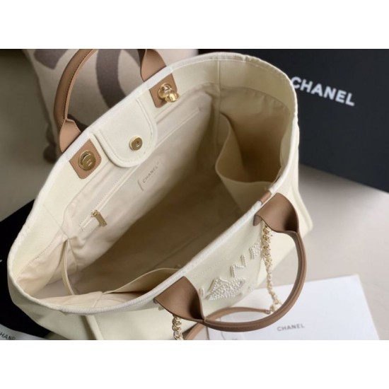 Fake Pearl Logo Deauville Shopping Tote Bag A66941 Beige Replica Fake Pearl Logo Deauville Shopping Tote Bag A66941 Beige Replica