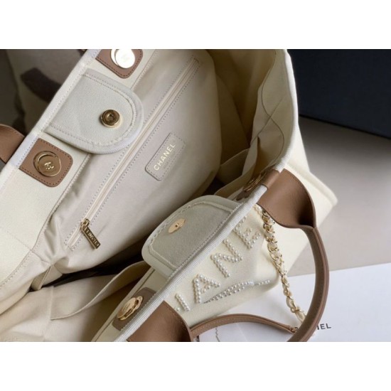 Fake Pearl Logo Deauville Shopping Tote Bag A66941 Beige Replica Fake Pearl Logo Deauville Shopping Tote Bag A66941 Beige Replica