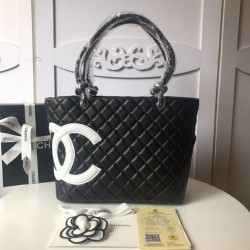 Fake Cambon Lambskin Tote Bag with White CC A25169 Black Replica