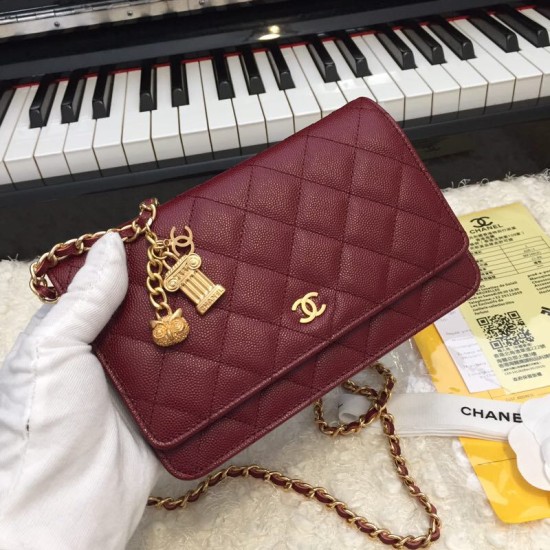 Fake Stitch Chain Grained Calfskin Woc Bag A33814 Claret Replica Fake Stitch Chain Grained Calfskin Woc Bag A33814 Claret Replica