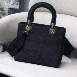 Fake Christian Dior Medium Lady D-Lite Embroidered Cannage Bag Black Replica