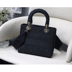 Fake Christian Dior Medium Lady D-Lite Embroidered Cannage Bag Black Replica
