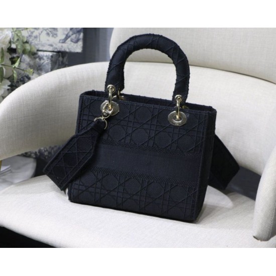 Fake Christian Dior Medium Lady D-Lite Embroidered Cannage Bag Black Replica