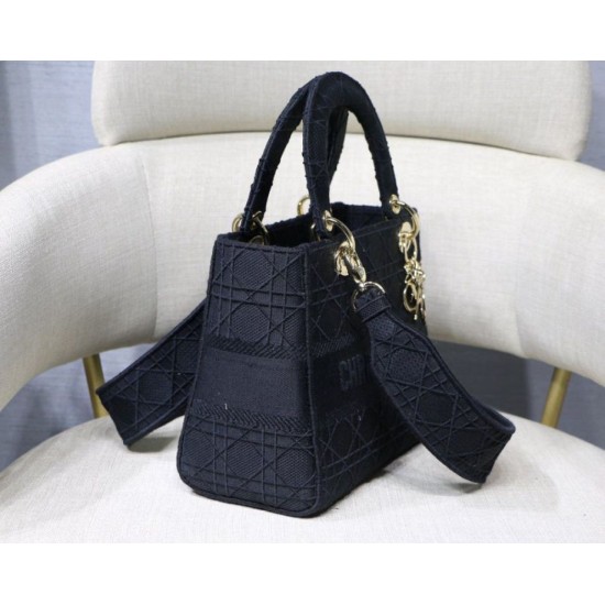 Fake Christian Dior Medium Lady D-Lite Embroidered Cannage Bag Black Replica