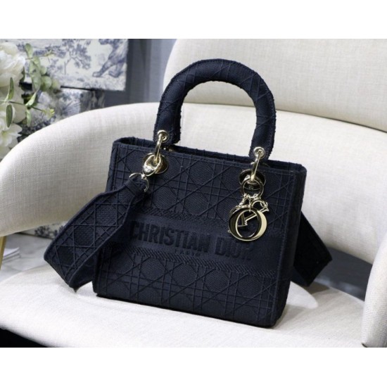 Fake Christian Dior Medium Lady D-Lite Embroidered Cannage Bag Black Replica