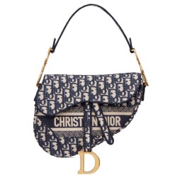 Replica Christian Dior Saddle Original Oblique Embroidered Canvas Bag Dark Blue